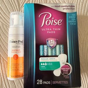 Poise Ultra Thin Pads Regular Length Light and Honey Pot Company foaming wash